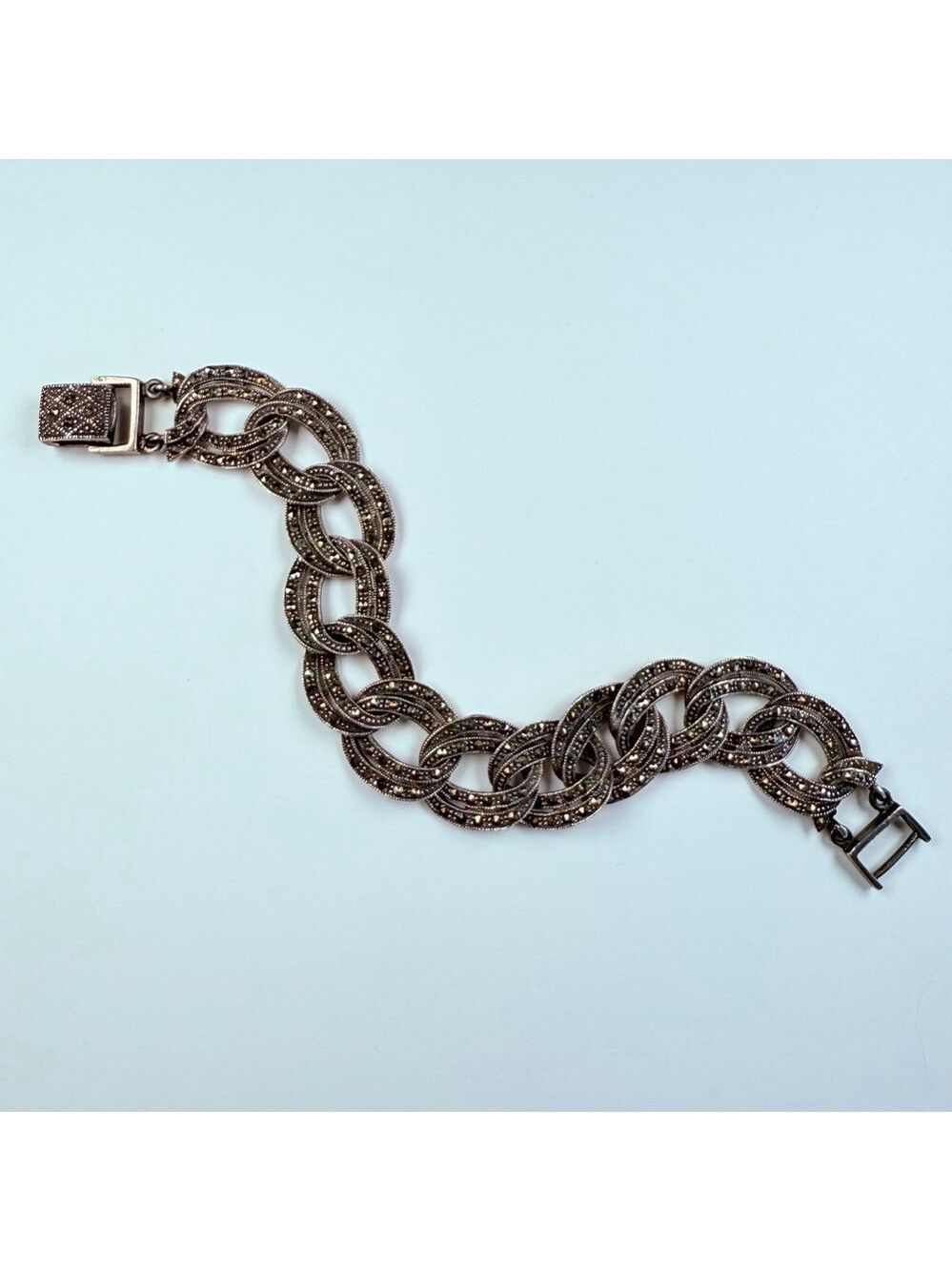 Vintage Large Marcasite 16mm Flat Curb Chain Link Sterling Silver 925 Bracelet - Picture 3 of 10